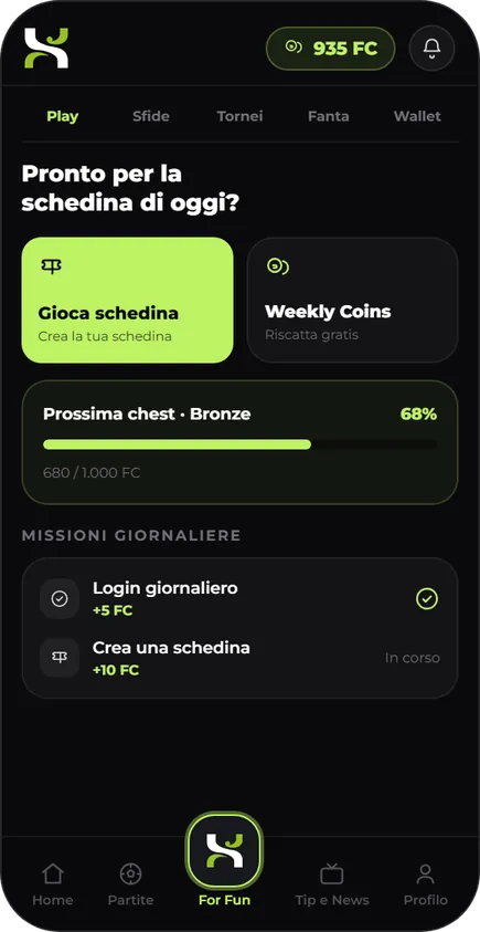 App Funtrix: sezione For Fun con schedina, Weekly Coins, chest e missioni