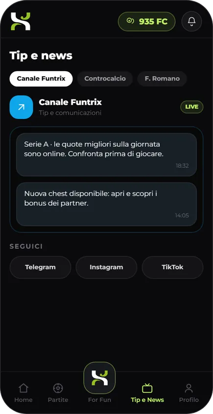 App Funtrix: sezione Tip e News con canale Funtrix