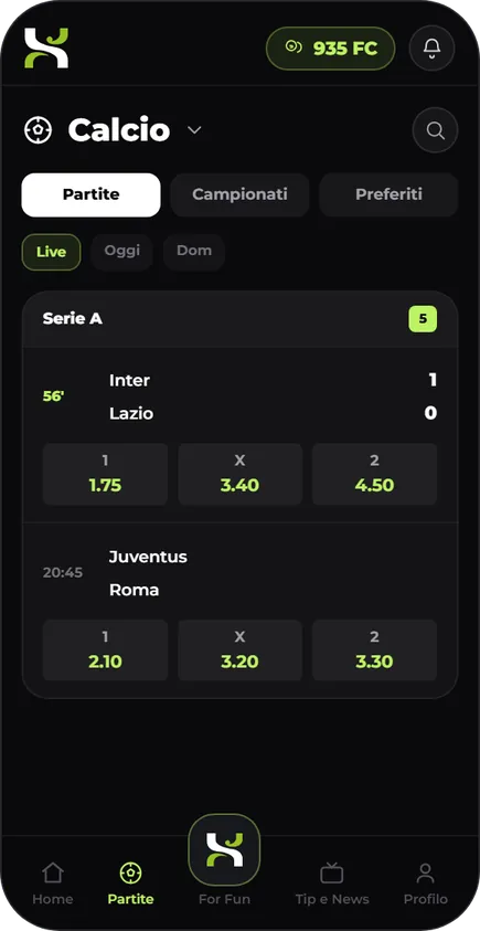 App Funtrix: palinsesto Partite con quote 1X2