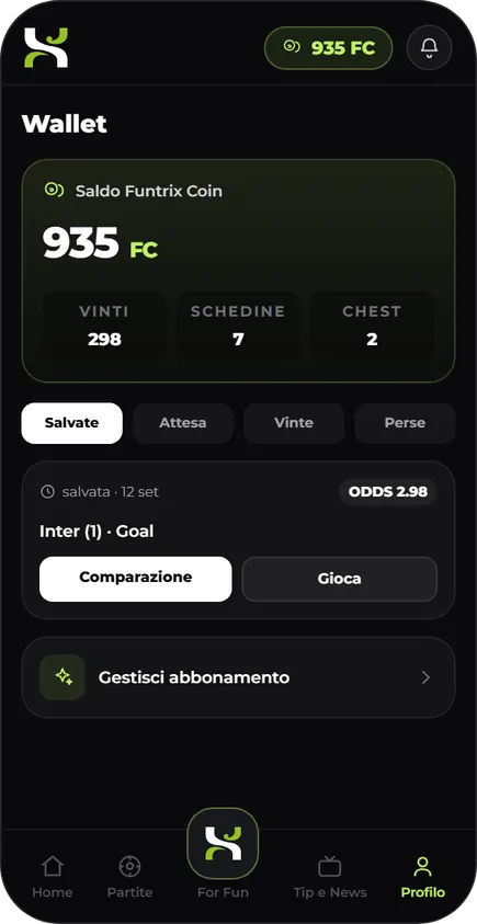 App Funtrix: wallet con saldo Funtrix Coin e schedine salvate